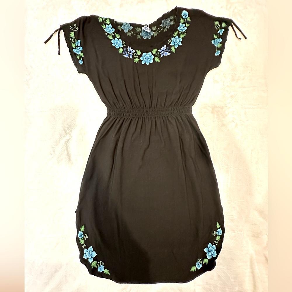 Oceania Black Dress with Blue Floral Embroidery